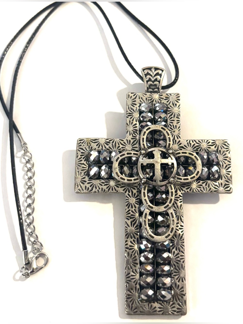 Vintage unisex Silver-Tone Cross Pendant Necklace with Black Crystals